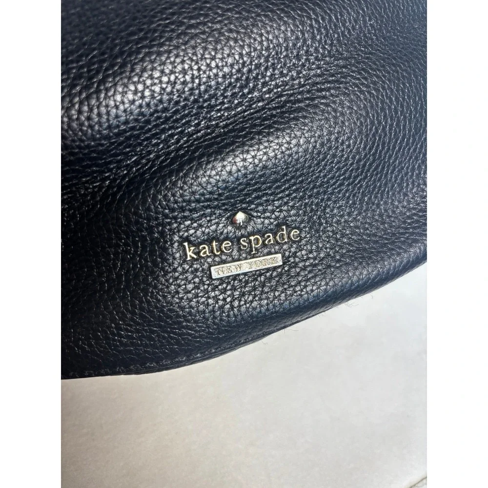 Kate‎ Spade Black Pebbled Leather Hobo Shoulder Bag Gold Logo Striped Lining
